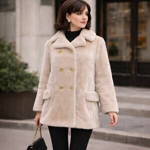 60s Borgana Cream Faux Fur Jacket Double Breasted Gold Buttons Women's M